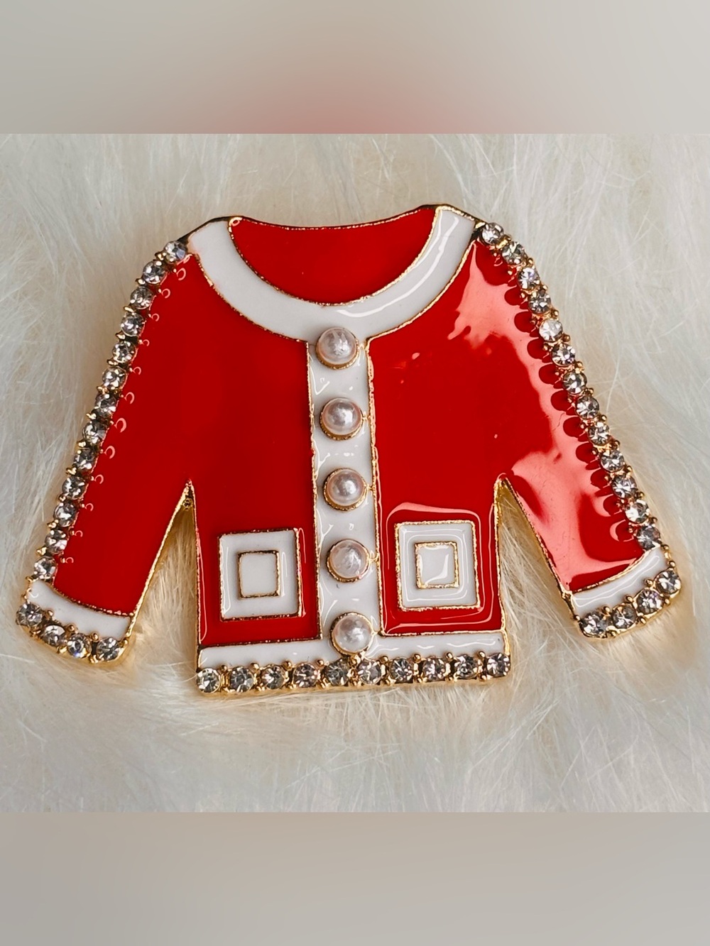 Red & White Rhinestone Cardigan Sweater Brooch